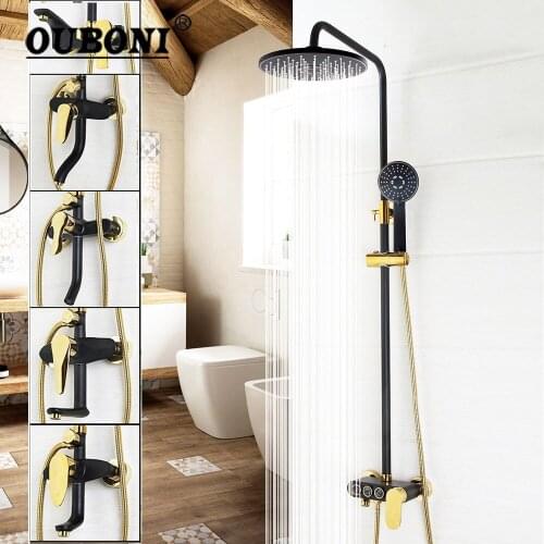 OUBONI Black Bathroom Rain Mixer Shower Combo Set Wall Mounted Rainfall Shower Head System Black Gold-plated Shower Faucet