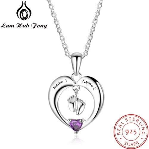 925 Sterling Silver Baby Feet Necklace Heart Pendant Personalized Name Necklace Custom Jewelry Gift for Mother (Lam Hub Fong)