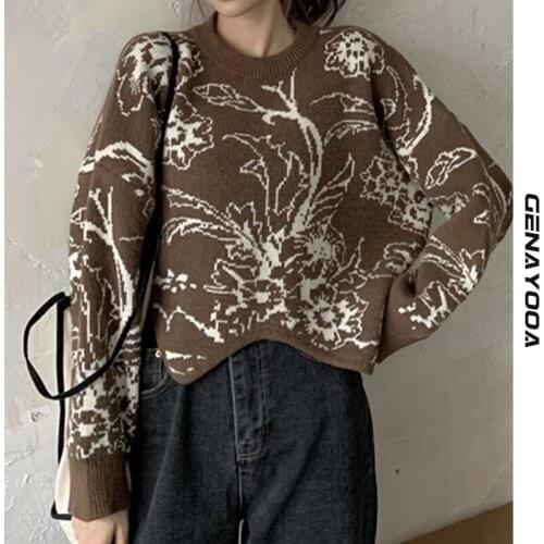 Genayooa Autumn Winter Pullover Mohair Sweater Women Long Sleeve Irregular Loose Knitted Jumper Ladies Floral Print Top Korean