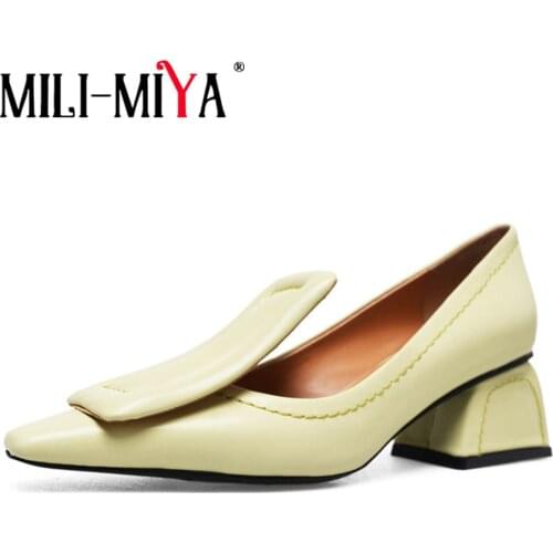 MILI-MIYA New Fashion Genuine Leather Slip On Women Pumps Square Toe Preppy Style Buckle Strange Heels Solid Brand Shoes