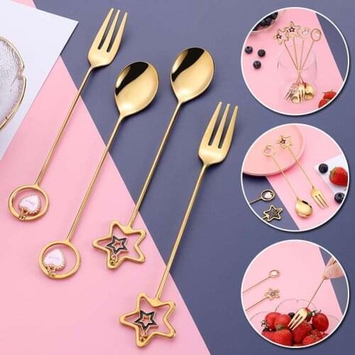 Creative Stainless Steel Spoon Star Heart Shape Pendant Fork Dessert Spoon Fruit Fork Coffee Stirring Spoon Kitchen Tableware