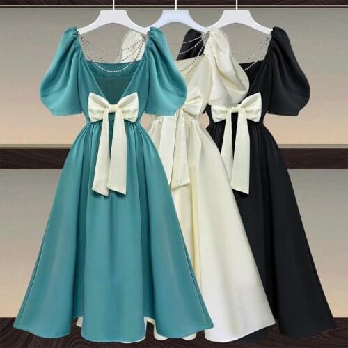 Women Plus Size Sweet Cute Sexy Dess Short Sleeve Square Collar Backness Bow Vintage Party Dresses 2021 Summer High Street Cloth