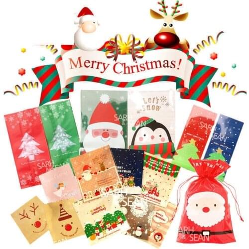 100Pcs Christmas Cookie Candy Package Gifts Bag DIY Self Adhesive OPP Bags For Xmas Home Party Packing Decorations Baking Supply