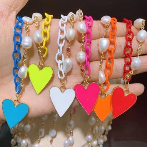 3PCS, Hip Hop Enamel and Cubic Zircon Pearl Chain Heart Pendant Necklaces Chunky Collar Choker Necklace For Women Jewelry