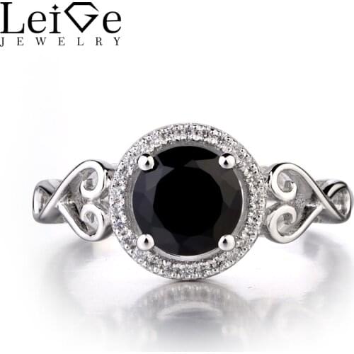 Leige Jewelry Natural Black Spinel 925 Sterling Silver Ring Round Cut Fine Gemstone Engagement Party Rings for Women