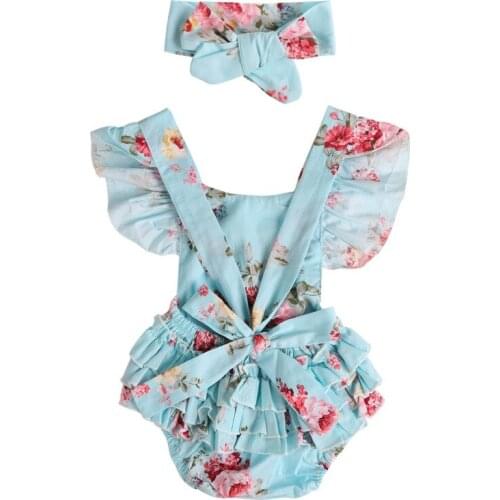Fashion Summer Newborn Baby Girls Floral Rompers Set Flare Sleeve Bodysuit Jumpsuit With Headband