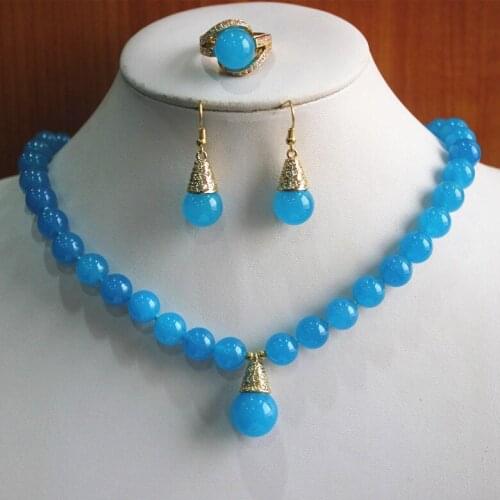 Best gift jewelry set!Wholesale factory price Womens blue semi-preciousNatural jade Necklace earring ring(7/8/9) set #109