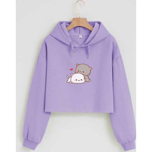 Kawaii Crop Top Hoodie Cute Cat Print Harajuku Sweatshirt Long Sleeve Casual Tops Women 2021 Cotton Sweatshirt Korean Pullovers
