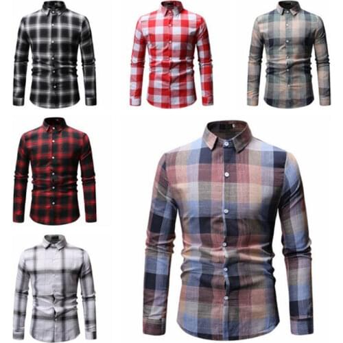 Mens Plaid Cotton Dress Shirts Male High Quality Long Sleeve Slim Fit Business Casual Shirt