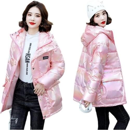 2021 New Winter Women Parkas Jacket Casual Female Thicken Warm Windprood Shiny Bright Hooded Cotton Padded Parka Coat Outerwear
