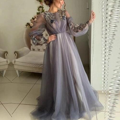 New Arrival O-Neck Evening Dresses Arabic Dubai A-Line Long Sleeves Prom Gowns Flowers Tulle Party Dress Mother of Bride Dress