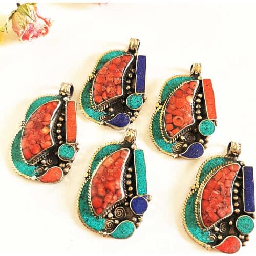 Nepal Jewelry Pendants White Metal Copper Inlaid Colorful Stone Big Pendant from Nepal TBP657