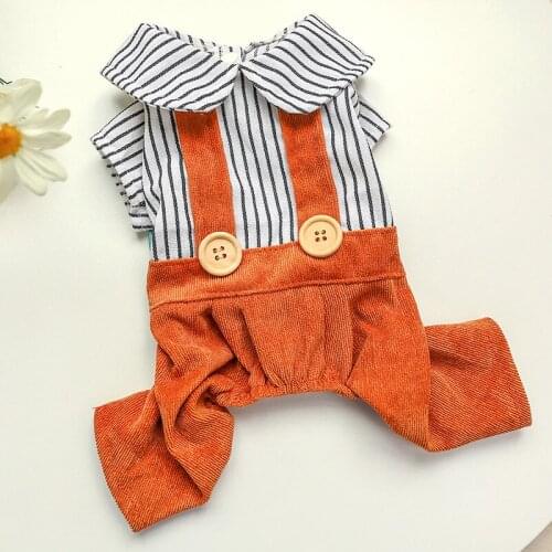 Stripe Neck Autumn Spring Dog Clothes Jumpsuit Coffee Pants Pet Outfit Puppy Four Legs Shirt Overall For Animal Shop Supplies