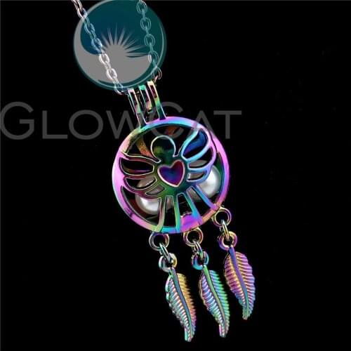 R-C826 Rainbow Color Dreamcatcher Feather Angel Girl Beads Cage Pendant Perfume Diffuser Aroma Pearl Cage Locket Necklace