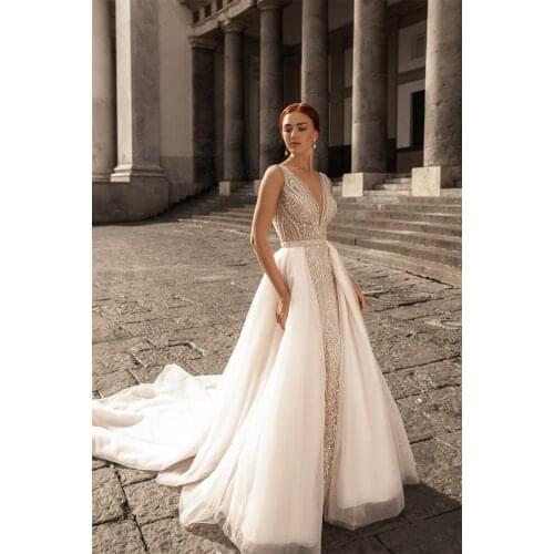 Luxury Mermaid Wedding Dress With Detachable Train Glitter Sequins Beads Spring Robe De Mariée Customize Church Bridal Gown