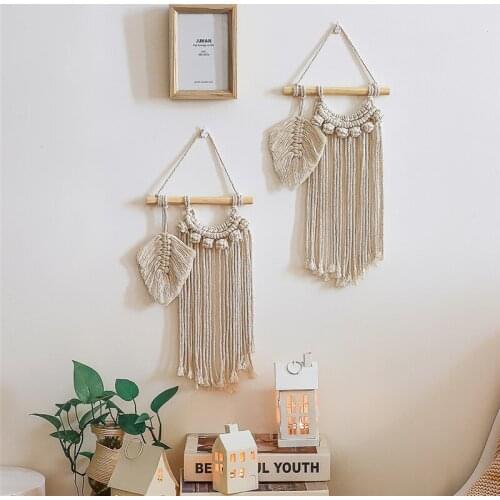 Handmade Leaves Tapestry Cotton Linen Macrame Decor Wall Hanging For Living Room Dorm Room Door Decor Beige Boho Ornaments
