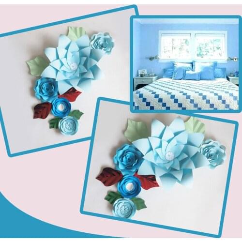 DIY Giant Paper Artificial Flowers Wedding Fleurs Artificielles Backdrop Artificial Rose 5PCS+6 Leave Party Decor Nursery Blue