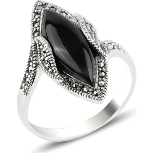 Silver 925 Sterling Onyx & Marcasite Ring