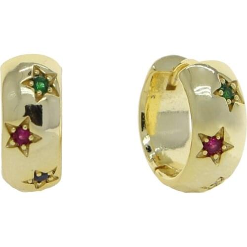 Rainbow White Cubic Zirconia CZ Star Signet Gold Color Thick Chunky Medium Hoop Earring For Women