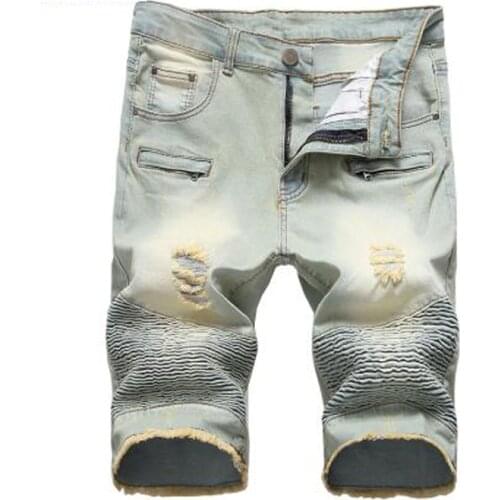 New Mens male fashion vintage slim straight ripped biker shorts for motorcycle Knee length stretch denim pleated fringe jeans