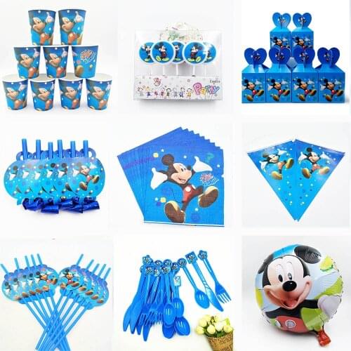 Mickey Mouse Party Decoration Kids Birthday cup plate banner hat straw Set Party Supplies Favors Baby Shower Blue Child Boy Gift