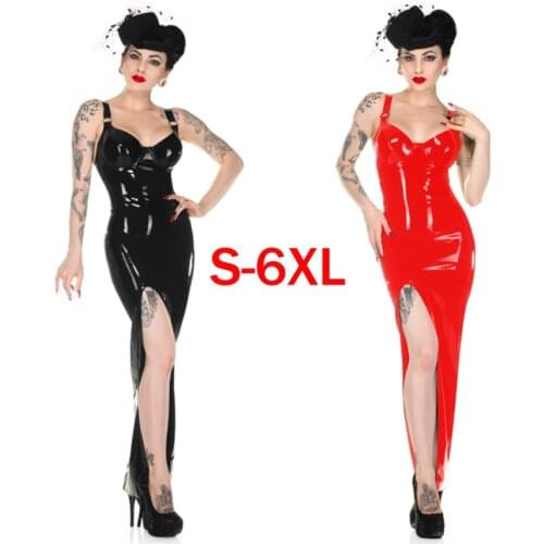 Retro High Split Long Dress Women Sexy Straps PVC Leather Maxi Dress Black Red Bodycon Bandage Dress Sexy Club Wear Costumes