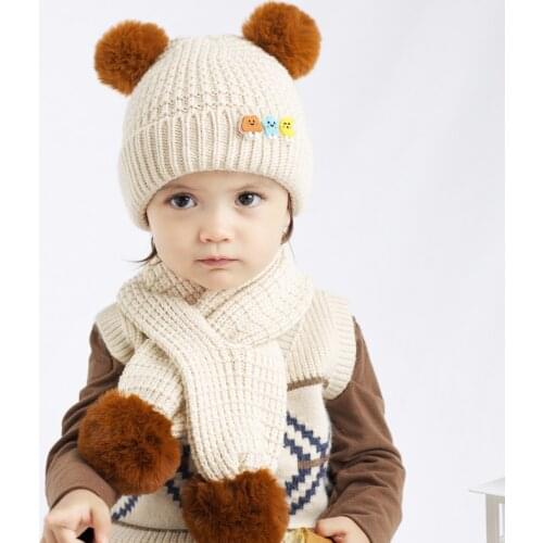 Knitted Woolen Baby Cap Autumn Winter Cold Proof Kids Head Wear Neck Collar Plush Warm Children Boy Girl Scarf Hat Set