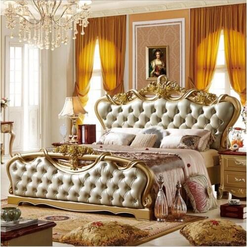 High quality European modern leather french bed king size Luxury gold color p10076