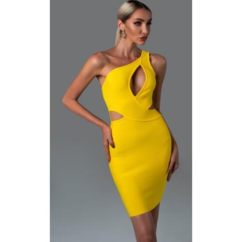 High Quality Yellow One Shoulder Keyhole Rayon Bandage Dress Cocktail Party Dress
