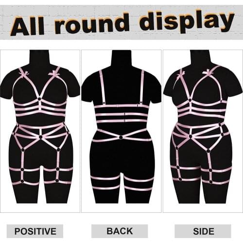 Plus Size Full Body Elastic Bondage Erotic Lingerie Sets Harness For Women Pink Bow Cage Hollow Bra Goth Punk Rivet Accessories