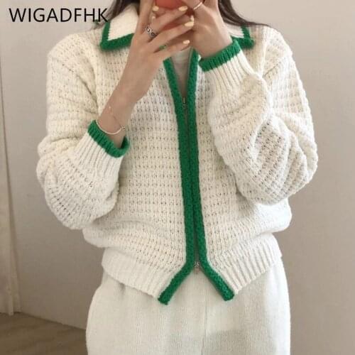 WIGADFHK Retro Lapel Lapel Womens Cardigan Long Sleeve Zipper Top Ladies Sew Casual Sweater 2021 Fall Winter