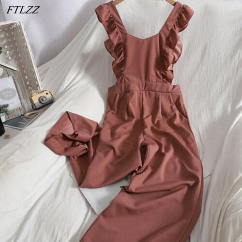 FTLZZ Spring New Arrival Women Casual Solid Jumpsuit Office Lady Sleeveless Ruffle Sexy Top Long Wide Leg Pants Outfits