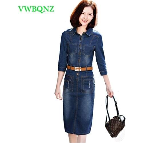 Fashion Casual Jeans Dress Ladies clothing New Spring Summer Slim Elegant Pocket Denim Dress 3/4 sleeve Vintage Denim blue
