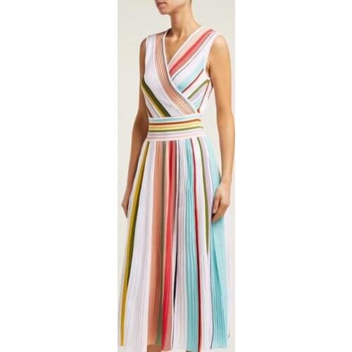 New 2021 Women Striped Sexy Sleeveless Multicolor Sexy V Neck Bandage Dress Mid-Calf Celebrity Party Summer Vestidos Wholesale