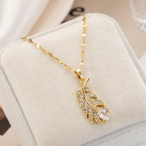 2021 New Luxury Full Crystal Gold Color Leaf Pendant Women Clavicle Necklaces Female No Fade Stainless Steel Chokers Necklace
