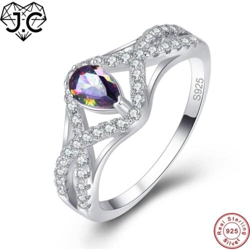 J.C Attractive Water Drop Rainbow & Tanzanite Topaz Solid 925 Sterling Silver Ring Size 6 7 8 9 Luxury Women Fine Jewelry Party