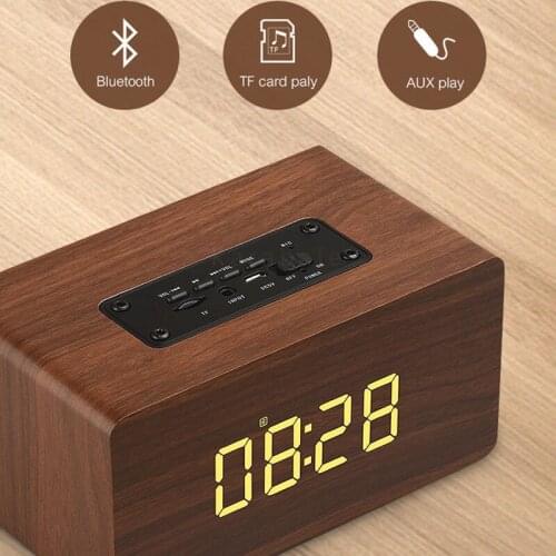 Wooden Bluetooth Speaker Alarm Clock Wireless Portable HiFi Shock Bass Altavoz TF Soundbar MP3 Speaker FM Radio Microphone
