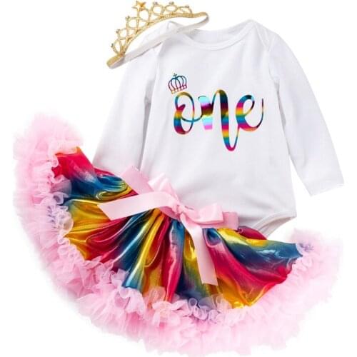 3pcs Newborn Set One Year Birthday Baby Girls Clothes Set Letter Bodysuits Headbands Colorful Skirts Baby Set
