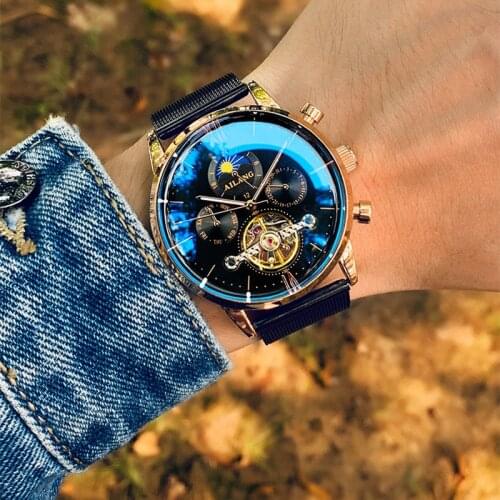 AILANG Multifunctional Mens Automatic Mechanical Watch Fashion Simple Calendar Luminous Tourbillon Mens Hollow Watch