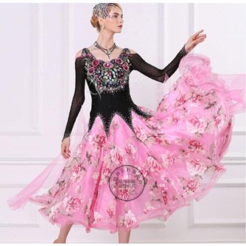 Black pink with flower print customize custom standard ballroom Waltz tango Fox trot Quick step Ballroom competition Dress