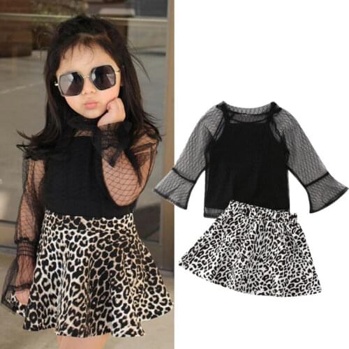 2020 Princess Long Skirt Girl Toddler Girls Clothes Flare Sleeve Lace Tops+Black Vest+Leopard Tutu Skirts Kids Clothes Outfit