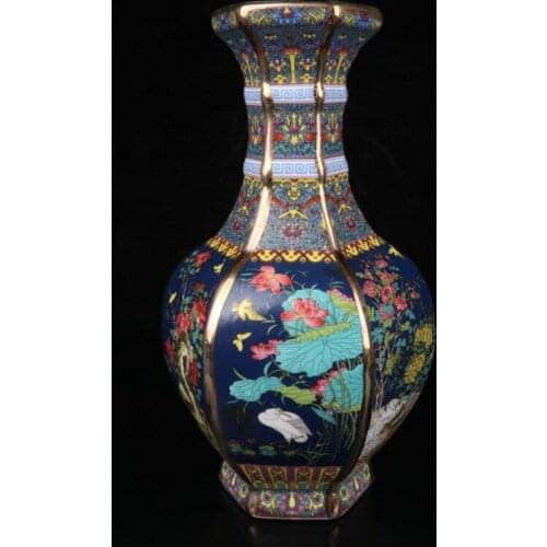 China Colored glaze ceramic flowers bird six square vase crafts statue