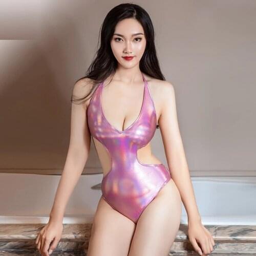 Deep V-Neck Backless Bandage Sukumizu PU Leather Bodysuit Shiny Catsuit Swiming Bathing Suit High Cut Cosplay Bather Swimwear