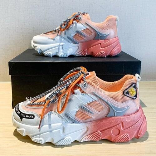 2021 New Womens Rainbow Dad Sneakers Korean Student Mesh Sports Shoes Female Chunky Flat Casual Footwear Women Platform Shoes