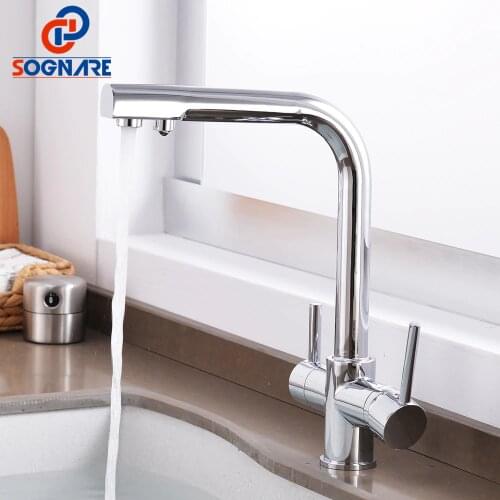 SOGNARE Chrome Brass Kitchen Faucet 3 Way Water Tap Kitchen Sink Mixer Tap 360 Degree Rotation Dual Handle torneira para cozinha