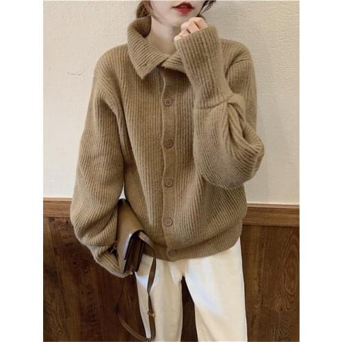 2021 Autumn Winter Design Sense Lazy Style Sweater Cardigan Loose Outwear Sweater Jacket Female High Neck Knit Top Trend e279