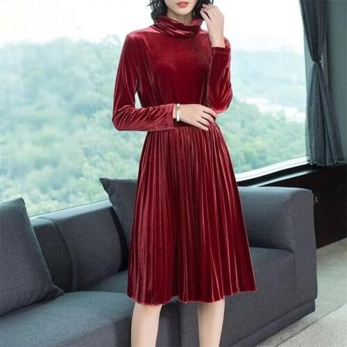 New 2020 Autumn Winter Gold Velvet Party Events Dress Female Velours Vintage Turtlenck High Waist Pleated Dress Plus Size M-7XL