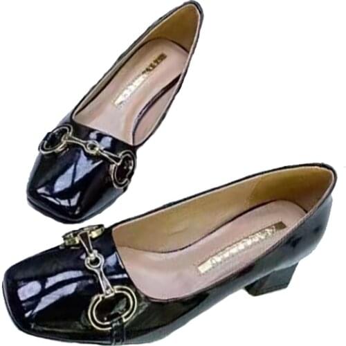 Patent Cowhide Leather Shoes Women Square High Heel Horse-bit Metal Decoration Fashion Pumps High Quality Brand Shoes For Ladies