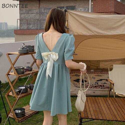 Dress Women Backless Design Sexy Midi Summer Ulzzang Kawaii Leisure Holiday College Sweet Fashion Ins Simple Romance Vestidos
