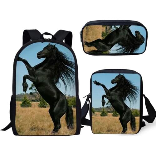 HaoYun 3PCs/Set Handsome Friesian Horse Print Pattern School Bag for Boys Teenager Girls Backpacks Child Students Travel Bagpack